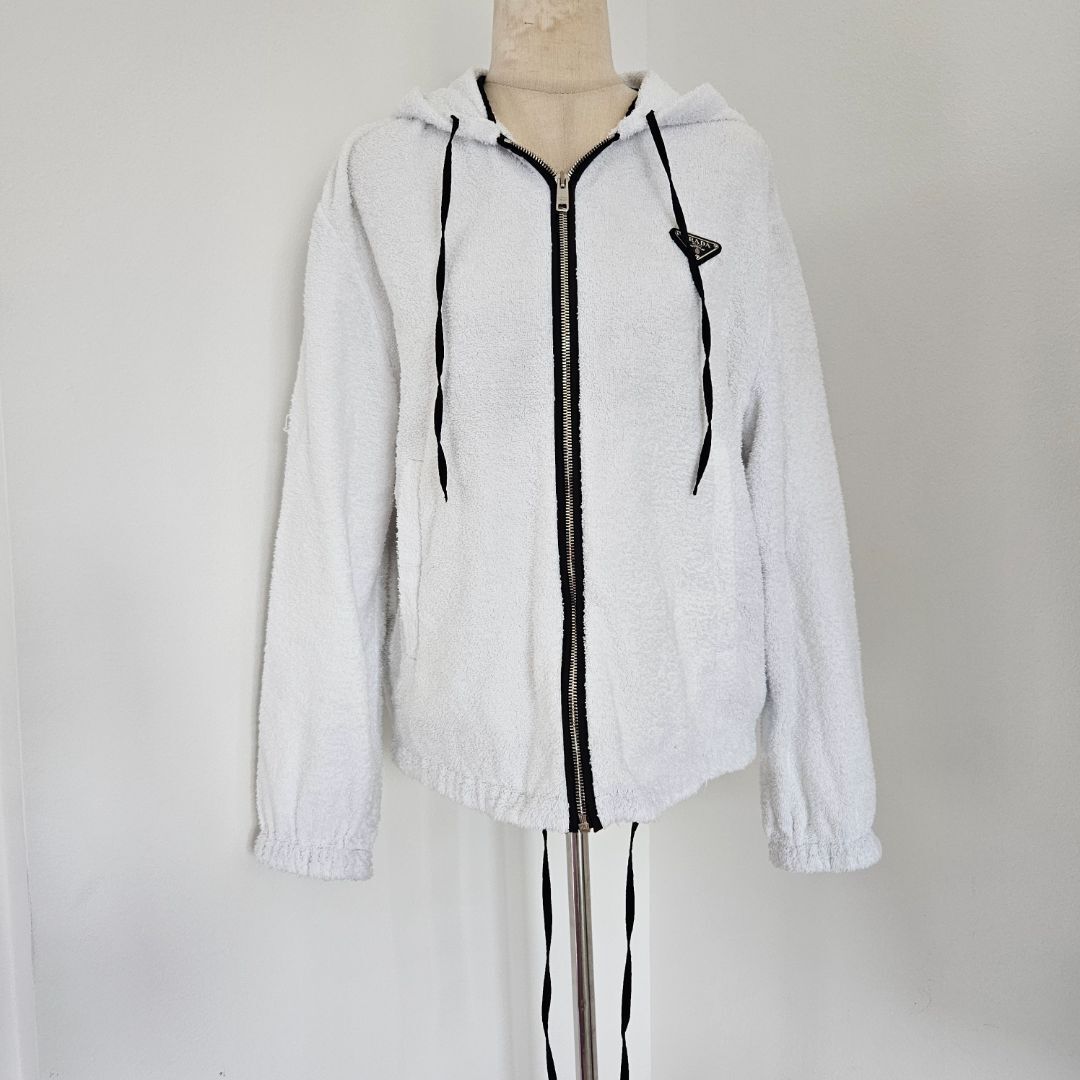 Prada White Terry Hoodie with Enameled Metal Logo Detail