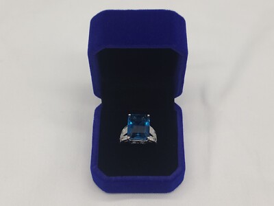 EFFY Emerald Cut Blue Topaz w/ Diamond Accents Ring 14k White Gold Size 7 - J48