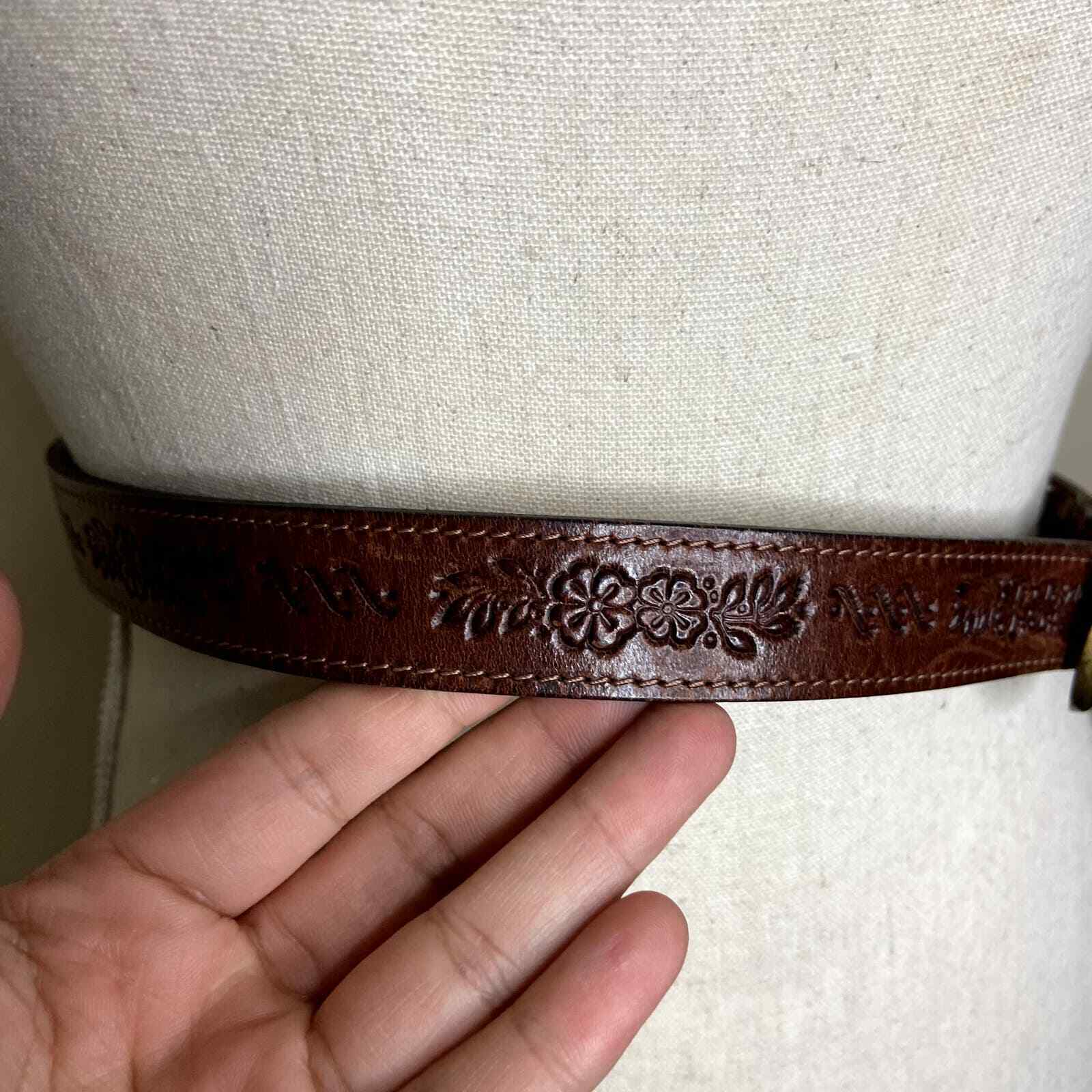 Vintage Tooled Leather Floral Brass Buckle Belt - image 6