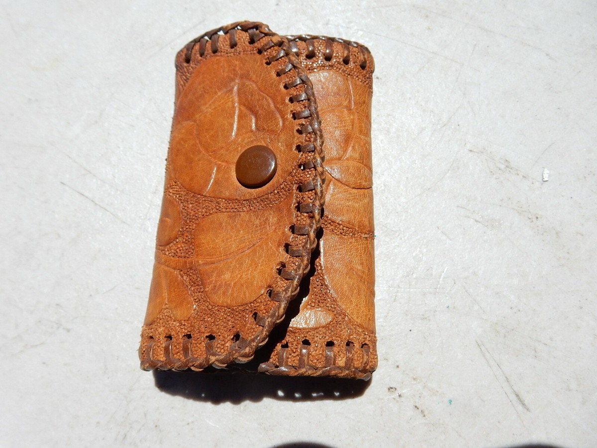 leather carved vintage KEY HOLDER mens tri fold wallet pocket key