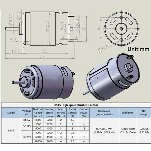 Motor DC 6/12/24V 3000-12000RPM Alta Velocidad Eje Único/Doble Motor Eléctrico R545 - Imagen 6 de 7