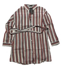 Yomoko Women's Shirt Dress, White w Red Blue Stripes with Waist Tie NWT