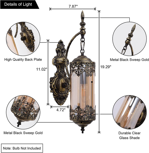 Rustic Sconce Industrial Vintage Nordic Amber Glass Wall Lamp Retro Metal Gold - Picture 3 of 6