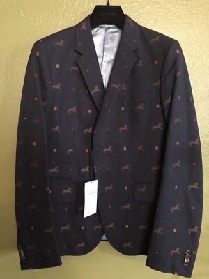 【入手困難】GUCCI グッチ デザインジャケット ハウンドトゥース ブレザー 100% Authentic GUCCI Blue CamBridge Horse Pattern Gabardine Jacket