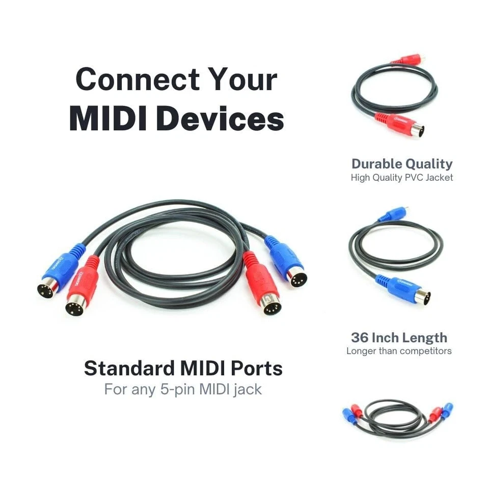 ZAWDIO - Juego de 2 cables de extensión de 36" con parche MIDI de 5 pines DIN macho a macho Foto 2 de 4