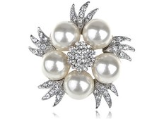 Faux Pearl Clear Crystal Rhinestone Bridal Floral Costume Silver Tone Pin Brooch