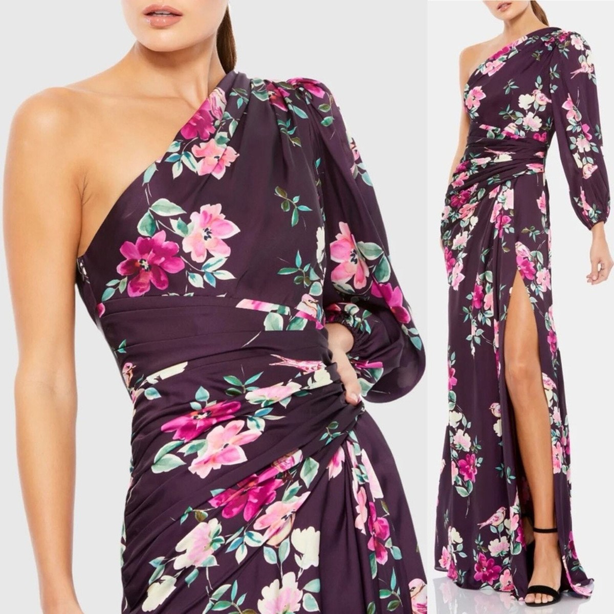 Mac Duggal*輝きと艶やかさをまとう*漆黒のフローラルガウン Mac Duggal Plum Floral Print One Sleeve Gown Dress NEW Size