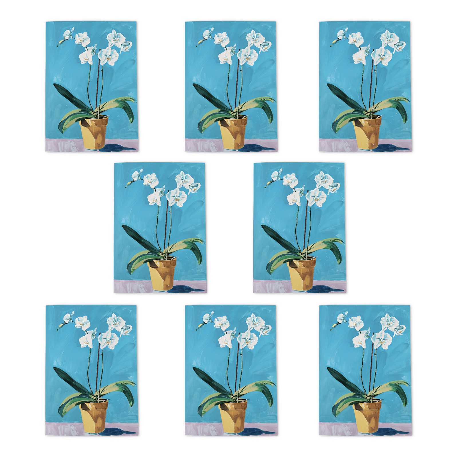 White Orchid Flower Pot Painting Art Cards Pack of 8 Any Occasion, Blank A6