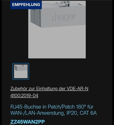Hager ZZ45WAN2PP RJ45-Buchse in Patch/Patch Ausführung 180° für WAN, CAT 6A,IP20