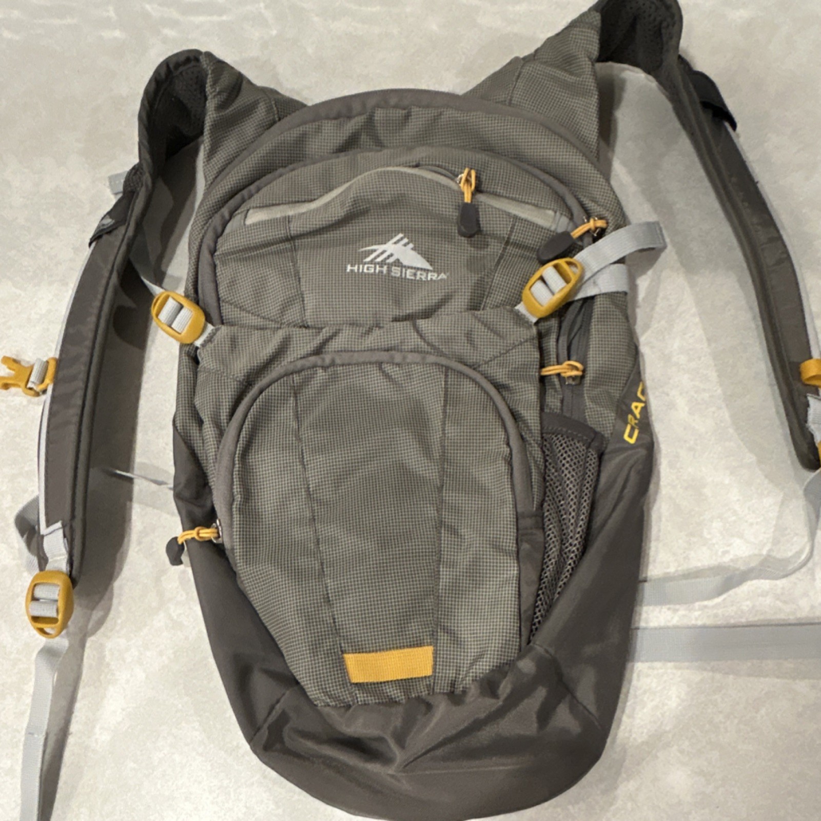 High Sierra Gray Hiking Backpack with Yellow Buckles, Padded