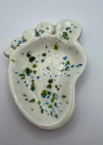 Ceramic Foot-Shaped Spoon Rest, trinket dish White Blue Green Splatter simpatico