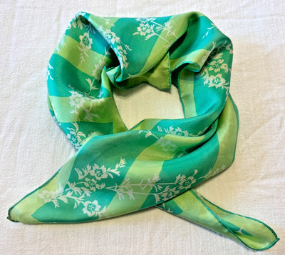Vera Neumann Signed Silk Scarf Green Striped Floral Square Japan Vintage 25.5 in