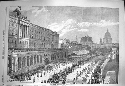 Original Old Antique Print 1870 View Thames Embankment Waterloo Bridge Victorian