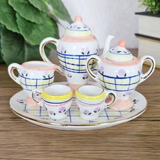 Vintage Miniature Tea Set Plaid Peach Yellow Blue Striped Pattern Porcelain