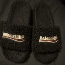 Balenciaga Men s Black Fur Logo Slide Sandals...