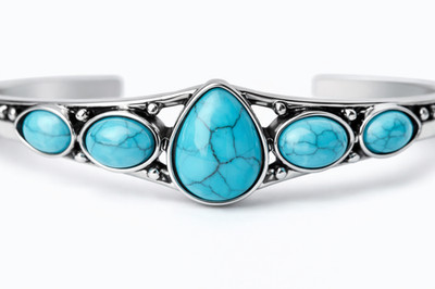 Southwestern Sterling Silver Turquoise Cuff Bracelet   Five Stone Natural Gemsto