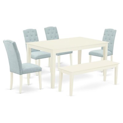 East West Furniture Capri 6-piece Wood Dining Set in Linen White/Baby Blue