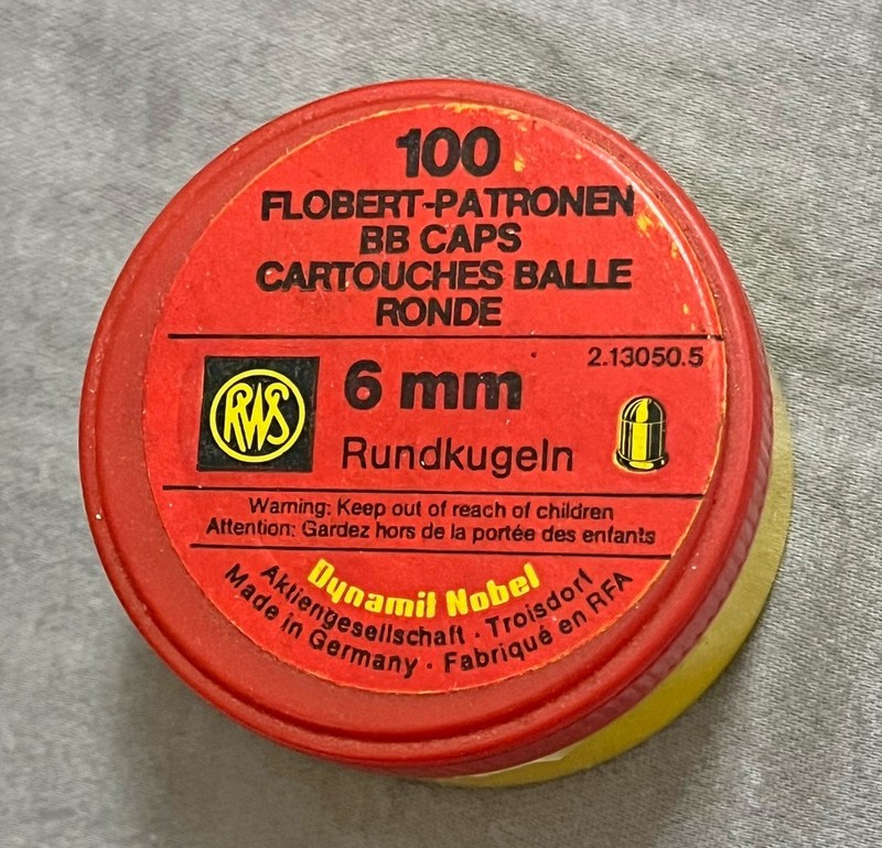 Vintage Dynamit Nobel Flobert Patronen BB Caps EMPTY Ammo Plastic Tin 6mm RWS