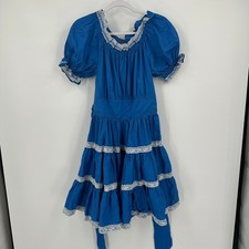 Vintage Womens Handmade Square Dance Dress Lace Trim Tiered Western Prairie Blue