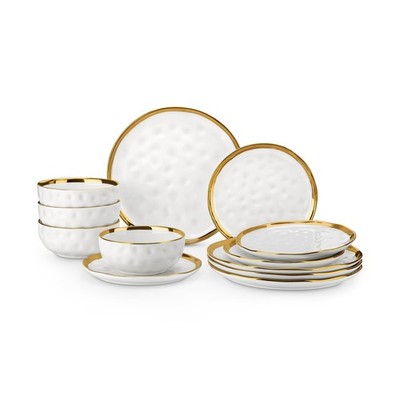 LOVECASA 12 Pieces Plates and Bowls Sets, Porcelain White and Gold Dinnerware...