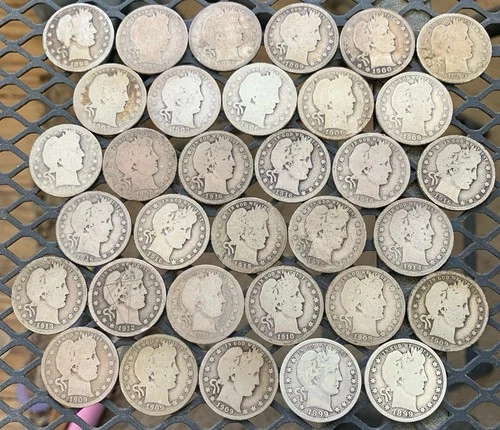 Lot Of Thirty-Three (33) BARBER (or LIBERTY HEAD) QUARTERS 90% SILVER see descri