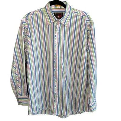 EQ Equilibrio Rooster Men's Shirt Colorful Striped Button Front Long Sleeve  