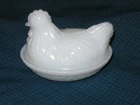 Vintage Small  White Milk Glass Chicken Hen on Nest Covered Dish 4.5" Long, nice
