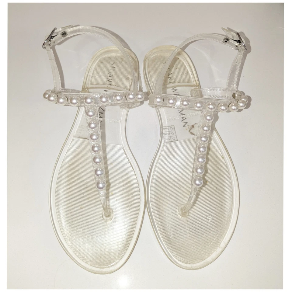 Stuart Weitzman Women’s Goldie Clear Jelly Pearl T Strap Sandals Size 7 - Image 2 of 4