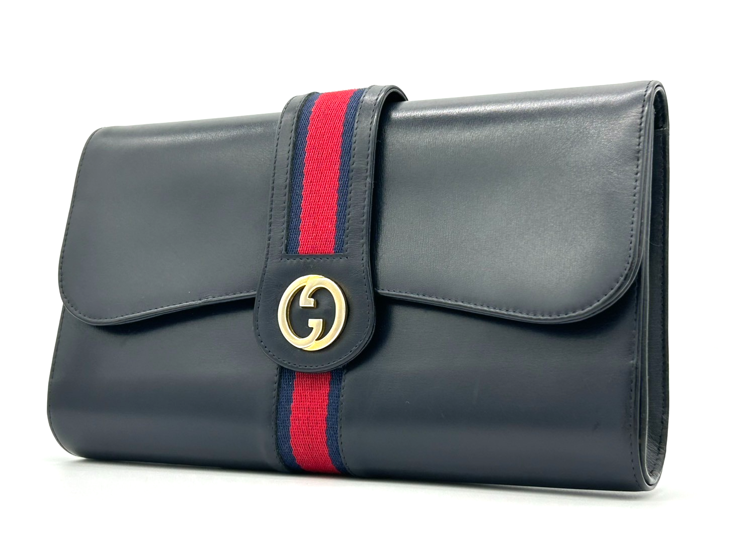 Gucci Sherry Line Clutch Bag Leather Navy Vintage Authentic