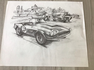 AUTOMOBILIA-ORIGINAL DRAWING OF RACING BY BOB GROSSMAN-FERRARI-CORVETTE-PORSCHE