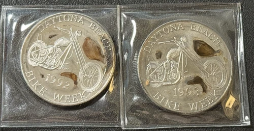 (2) Vintage 1992 &1993 1 Oz 999 Fine Silver Daytona Beach Bike Week Toned Rounds