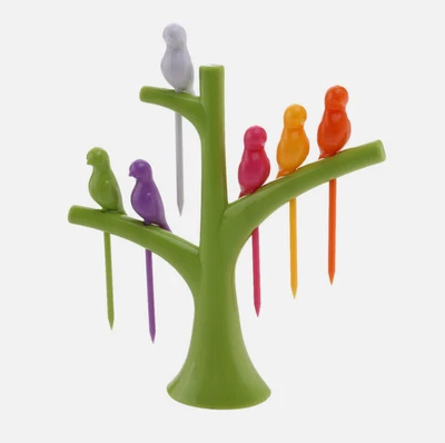CREATIVE KITCHEN Birdie Cocktail Sticks & Stand, 6 Birds in tree, Hors d'Oeuvres etc, 14.5cm tall