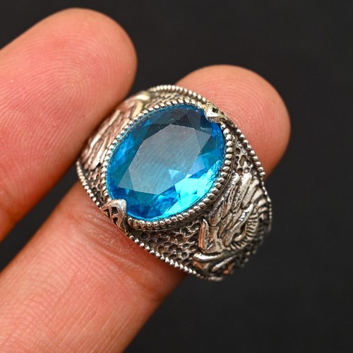 Blue Topaz 925 Sterling Silver Men's Ring Handmade-Statement Ring All Size-BJ178 - Picture 3 of 5