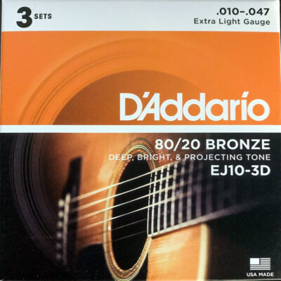 D'Addario EJ10-3D 80/20 Bronze Akustikgitarrensaiten extra leicht 10-47 x3 SETS
