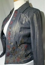Chico's Womens Embellished Beaded Swing Jacket Navy Blue Sz 1 Medium 8 EUC