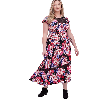torrid long dresses Torrid Maxi Dress Size 2 Floral Midi Black Lace Studio Knit Skater Short  Sleeve