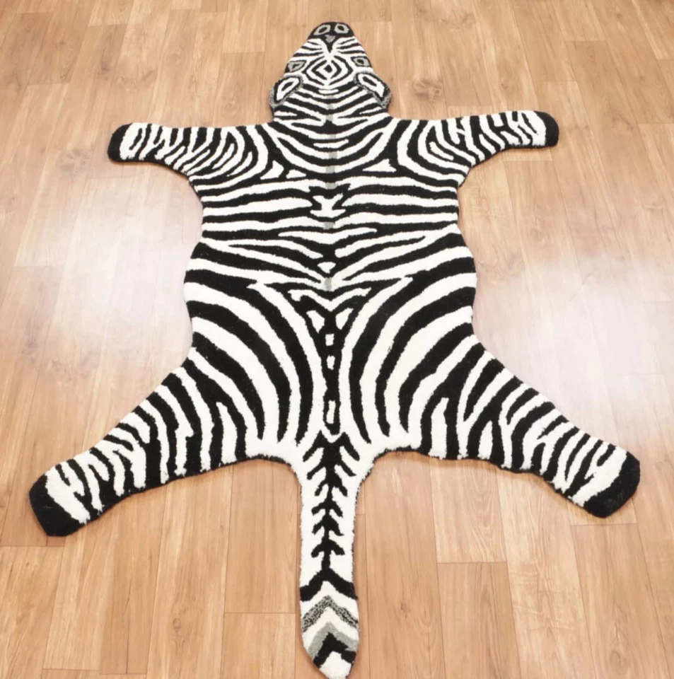 Alfombras cebra 4x6 pies hechas a mano 100 % lana acolchadas a mano para decoración del hogar Foto 3 de 4