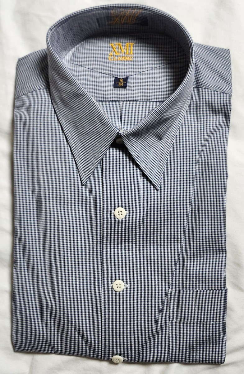 xmi classic dress shirts Blue Check Shirt Men's 100% Cotton Size 16 / 34 Striped shirt
