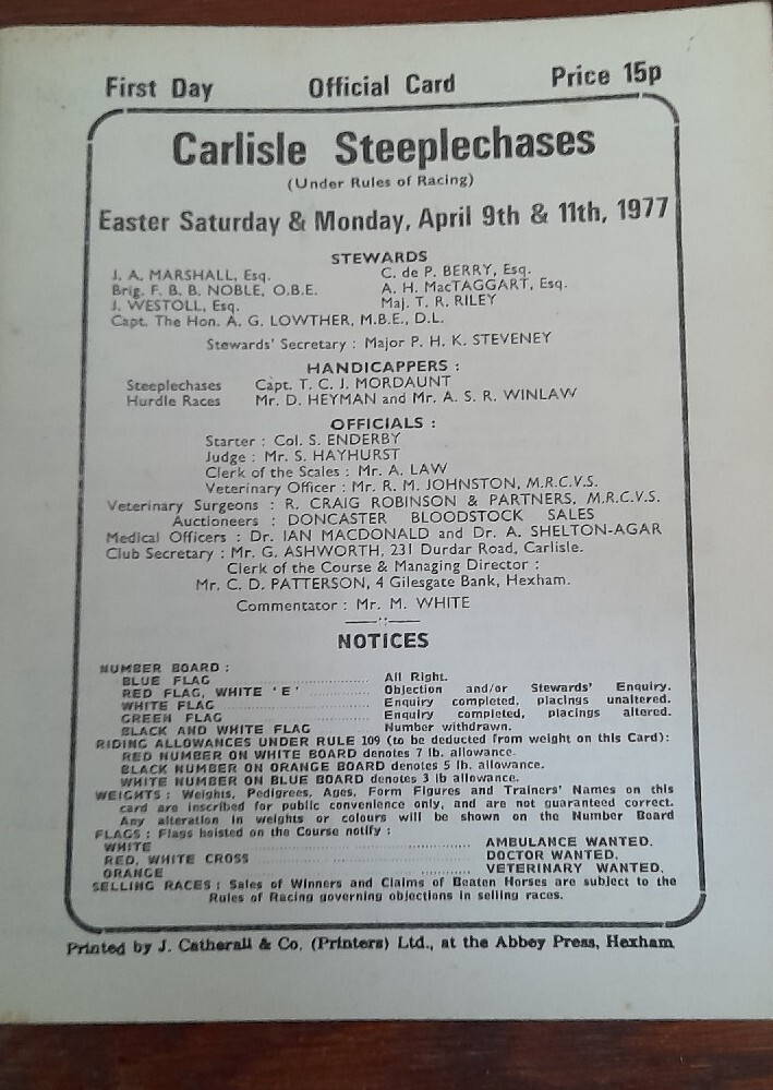 CARLISLE N.HUNT RACE CARDS, A SMALL COLLECTION FROM 1976 & 1977 + A