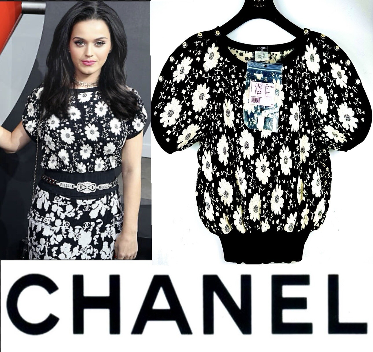 4K Chanel 2014 Black Floral Printed Sweater Top 40 42 44 8 10 12 Shirt 14c M L thumbnail 5