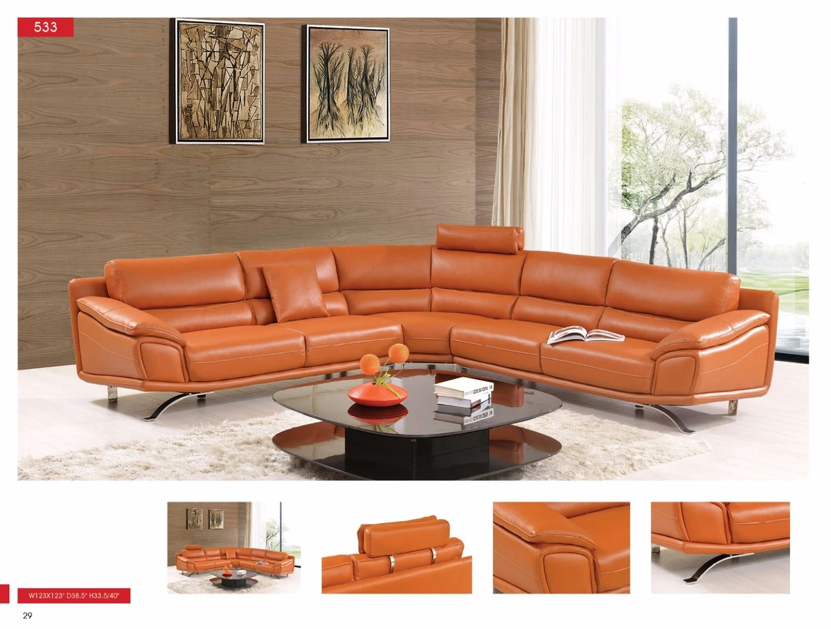 Esf Furniture 533 Orange Top Grain Leather Sectional Sofa 3 Pcs Living Room Set