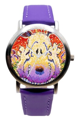 Nobody Barks In LA by Tom Everhart on Unisex Chrome Watch & Purple Leather Strap