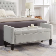Upholstered Storage Bench w/nails trim Living Room Soft Padded Seat with Armrest