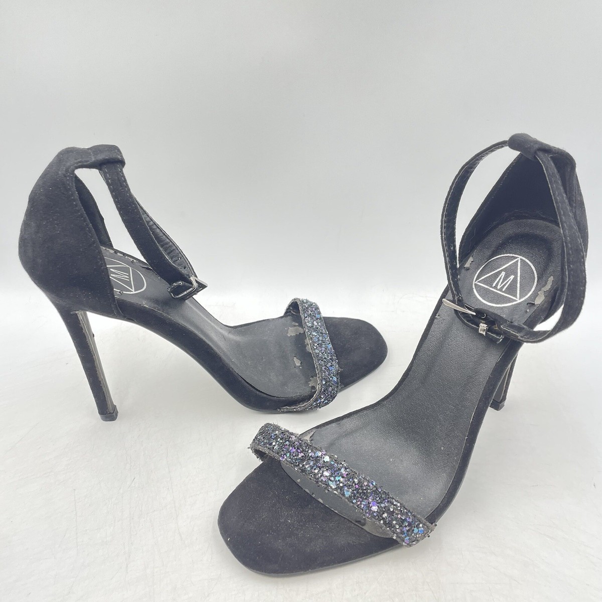 MISSGUIDED BLACK HIGH HEELS SIZE UK GLITTER STILETTOS STRAPPY SANDALS