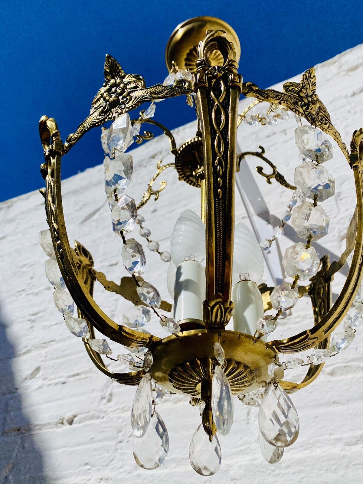 Antiguo accesorio de luz de techo araña de cristal de bronce francés, 3 luces, 22" L