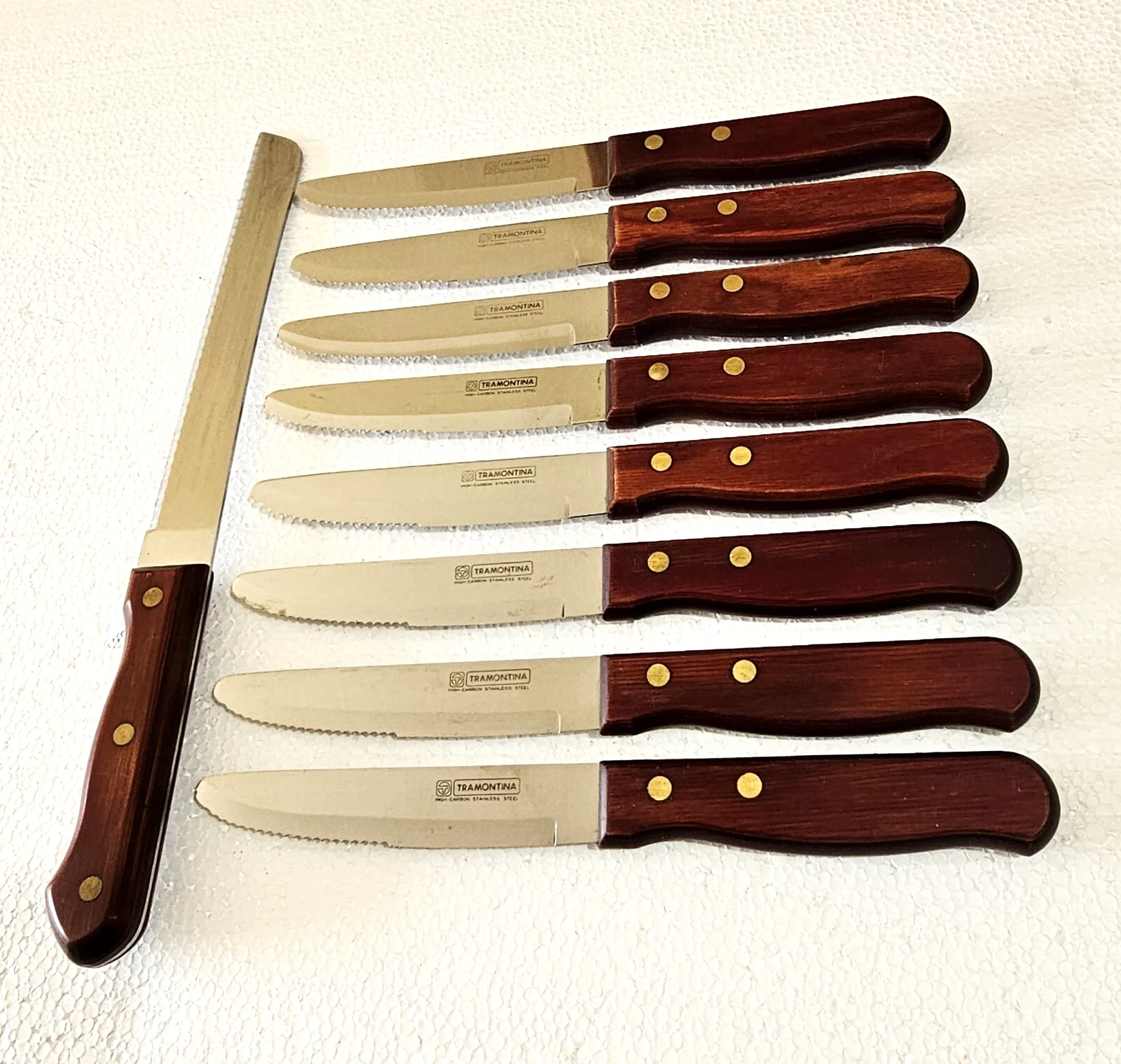 8 Tramontina Steak Knives & 1 Slicer High Carbon Stainless Steel Blades Serrated