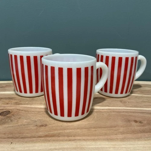 3 Vintage Hazel Atlas Red & White Candy Stripe Glass Coffee Mugs 8 Oz MCM 1950s