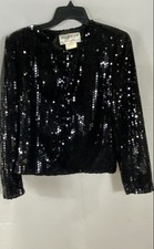 Vintage 80s Jaeger Women's Black Sequin Beaded Blazer Jacket Top Sz 6