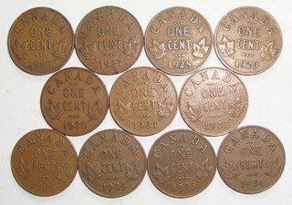 LOT OF 11 CANADA SMALL CENTS GEORGE V ONE CENT PENNIES COINS ALL DIFFERENT DATES