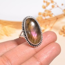 Purple Fire Labradorite Natural Cab Stone Handmade Gift Ring 925 Sterling Silver